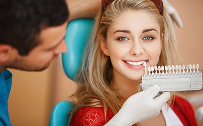 A dentist assessing the shade of a woman’s smile